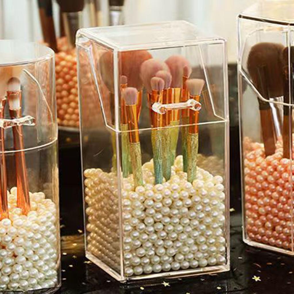 Cosmetic Brush Storage Box Transparent Acrylic Organizer Box With Pearl Decorations For Makeup Household Bathroom Storing Box