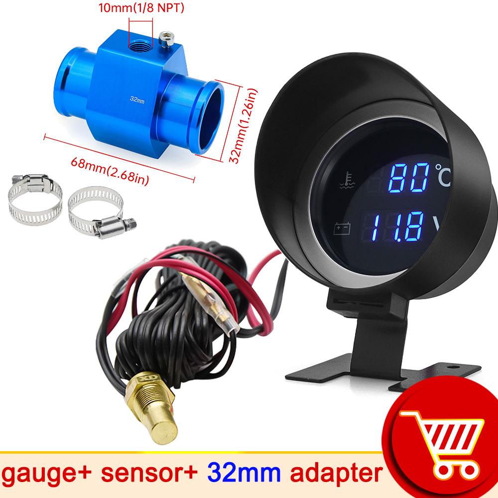 Car Digital Led Water Temperature Gauge -10-110 Celsius With Water Temp Joint Pipe Sensor 10MM Adapter 1/8NPT Voltmeter 2 IN 1