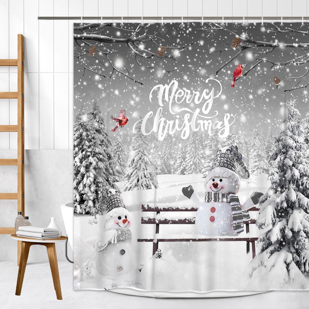 

Winter Farmhouse Snowman Shower Curtain with Pine Forest Design, Grey Snowy Xmas Waterproof Bathroom Decor Includes Hooks 90x180cm35x71in