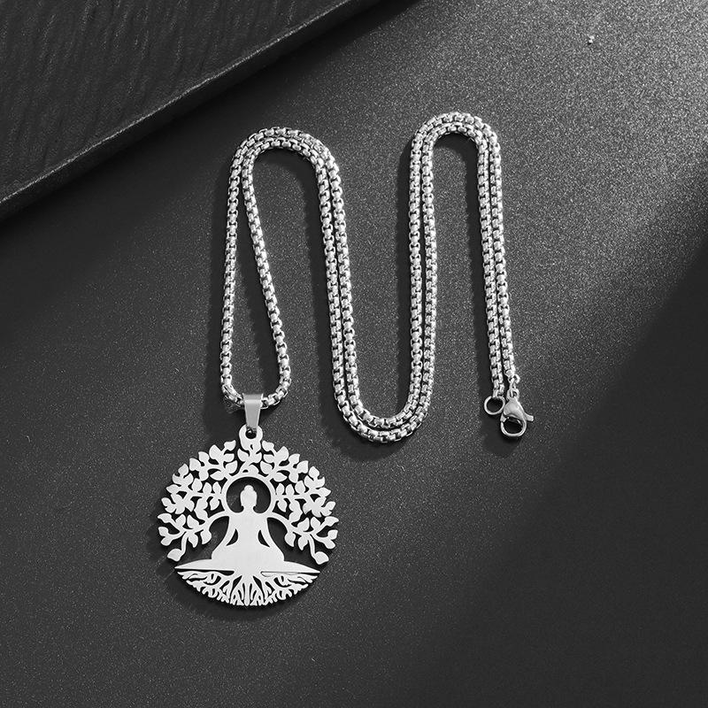 Buddha Tree of Life Color Hollow Pendant Pendant Necklace 60CM(Necklace Long)