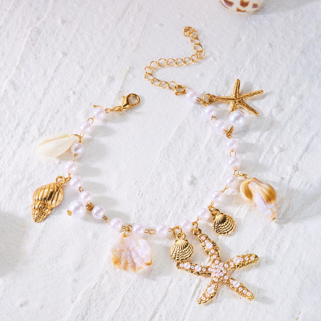 Ocean Style Imitation Pearl Starfish Shell Pendant Bracelet for Women Boho Conch Metal Chain Bangles Summer Beach Party Jewelry