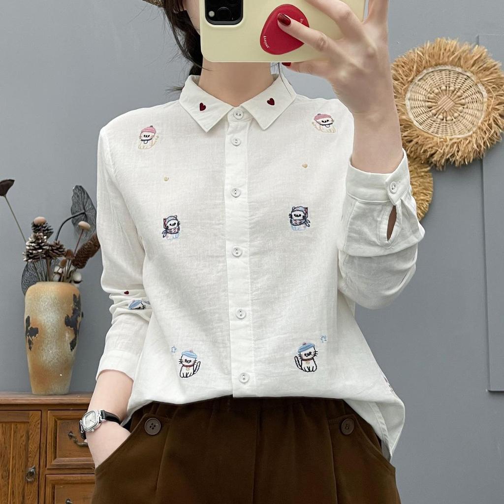 Spring 2026 Cartoon Embroidered Long-Sleeve Women's Cotton Gauze Shirt