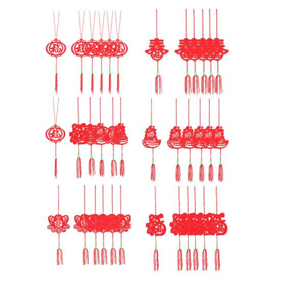 6Pcs Chinese New Year Pendant Red Felt Hanging Decor Paper-Cutting Spring Blessing Characters Tassels Pendant