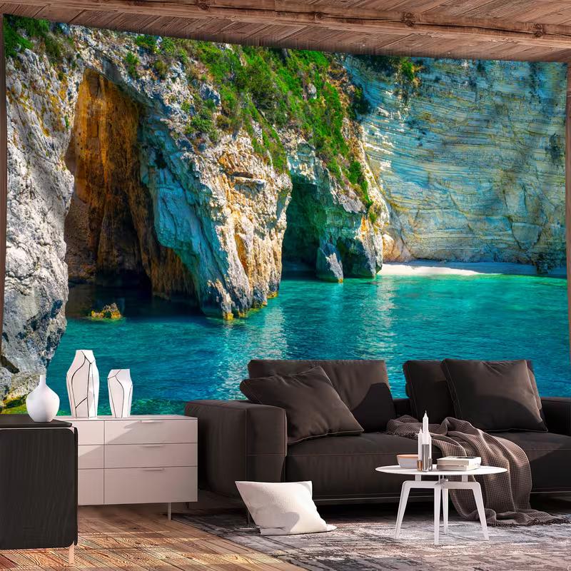 2D Mediterranean Sea Tapestry Tropical Cave Lagoon with Clear Turquoise Water Background Cloth