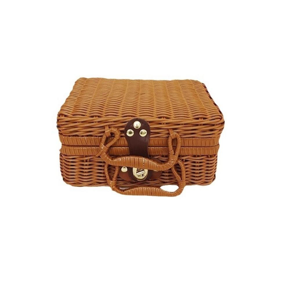 New Portable Rattan Woven Box with Handle Decorative Rattan Storage Box Suitcase Woven Picnic Box Organizer