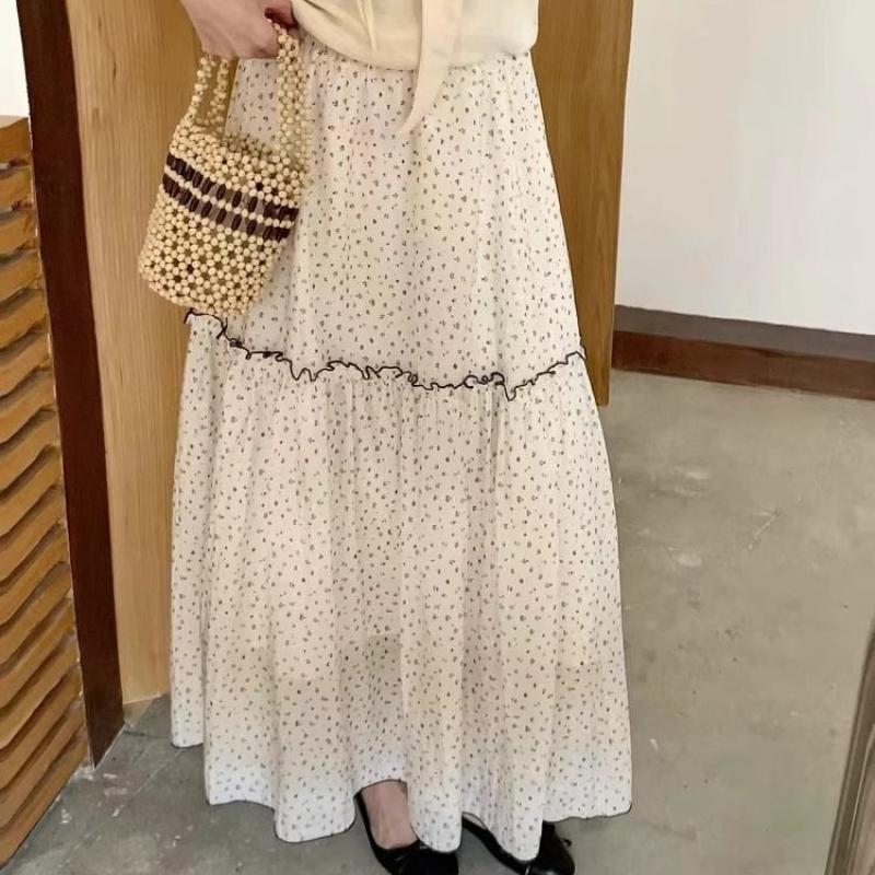Women's Vintage Floral Ruffle High-Waist Apricot A-Line Maxi Skirt - Summer Girlish Style Half Skirt