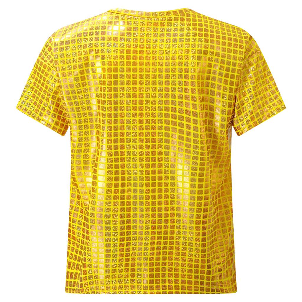Unisex Kids Shiny Plaid Sequins T-shirt Round Neck Short Sleeve Cheerleading Dance Top