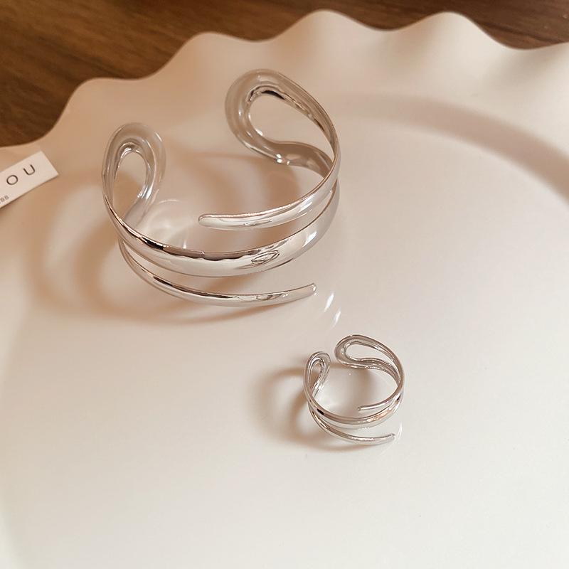 European & American Geometric Double-Layer Metal Bangle Bracelet: Exaggerated Design with Hollowed-Out Details