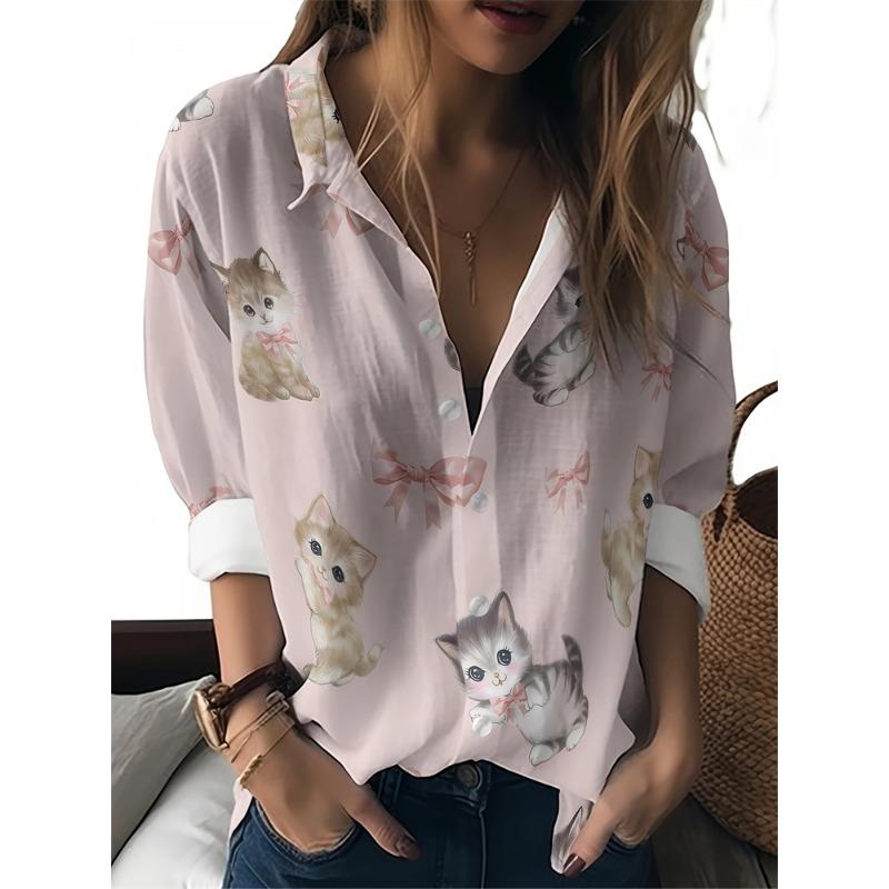 Womens Summer Shirt Fun Printed Lapel Shirt Casual Outdoor Loose Large Size Shirt Fashion Comfortable Breathable Long Sleeve Top