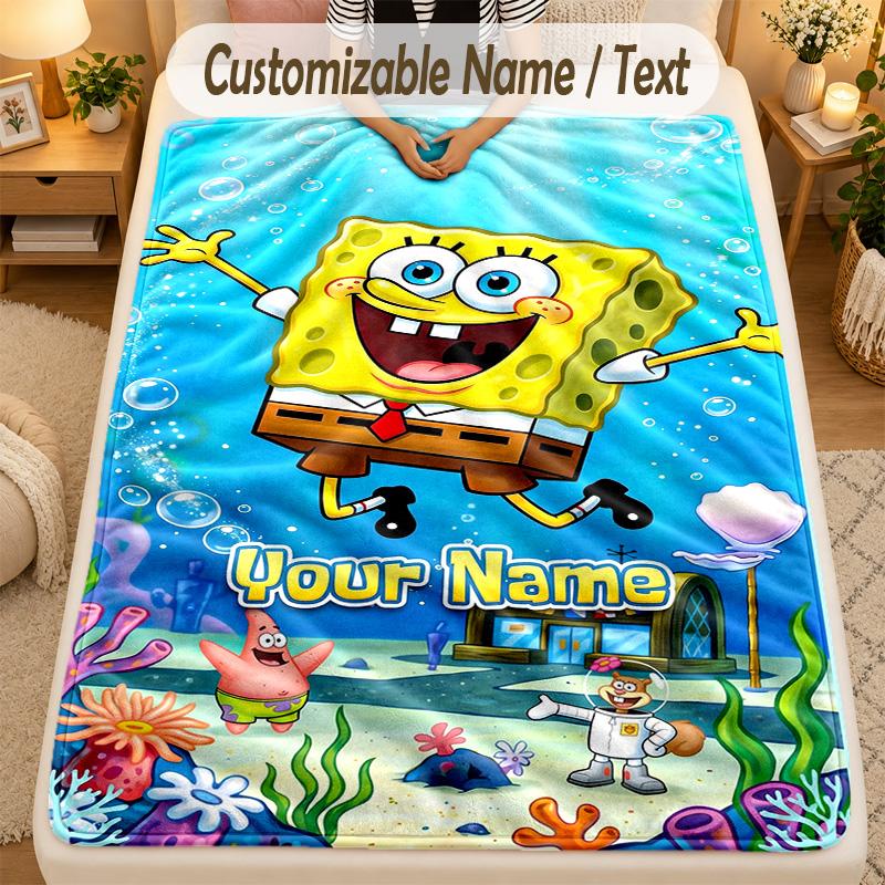 Flannel BlanketSpongeBob Custom Name Text Personalized Soft Warm Throw Blanket Home Decor Gift