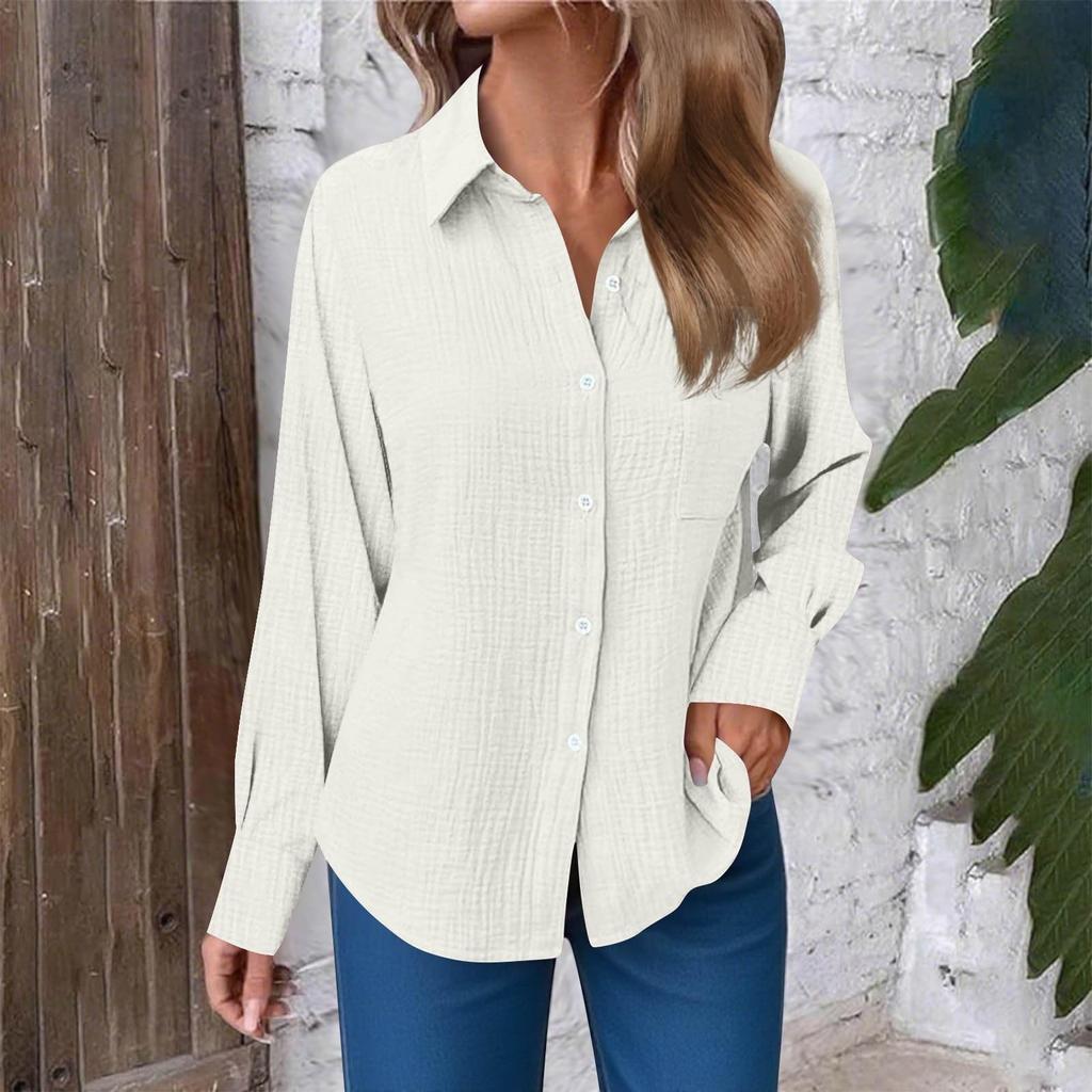 Women's Fashion Casual Solid Color Split Button Long Sleeve Shirt Top