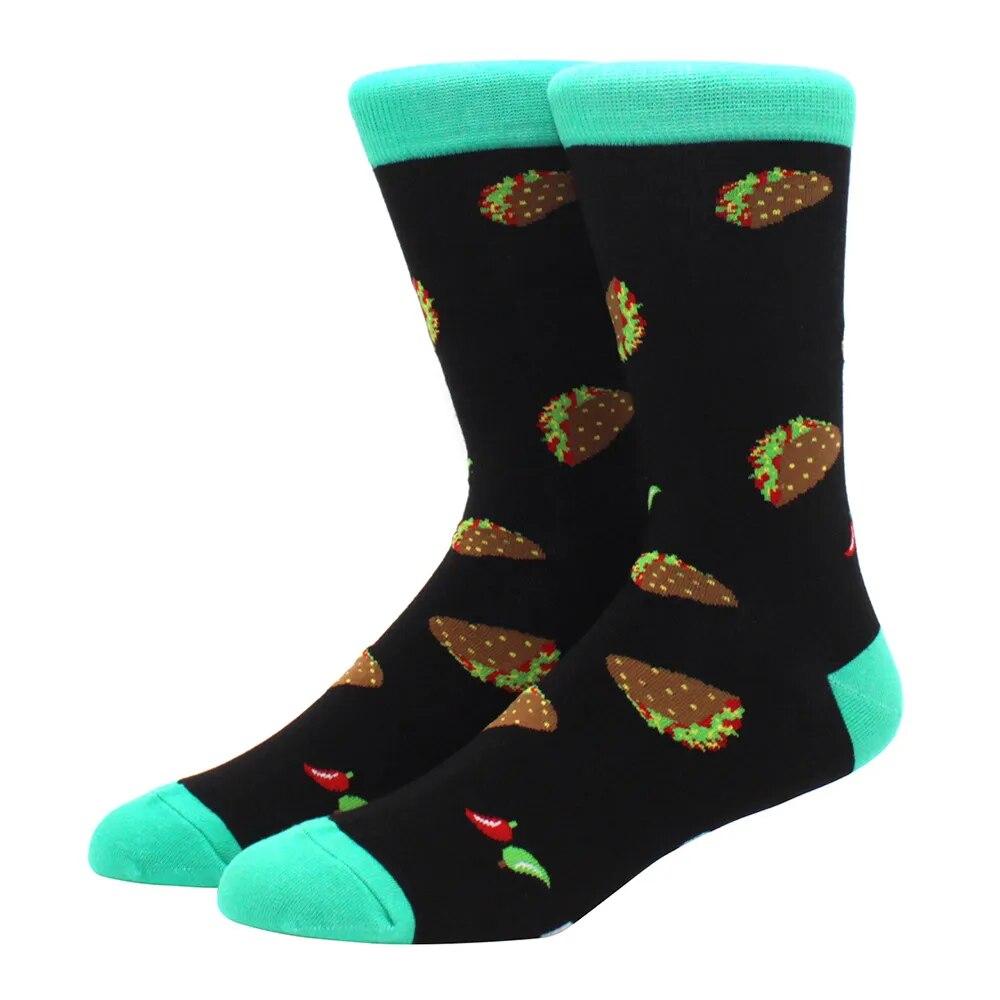 1 Pair Men's Fun Hip Hop Skateboard Beer Happy Art Print Mid Socks, EU38-46