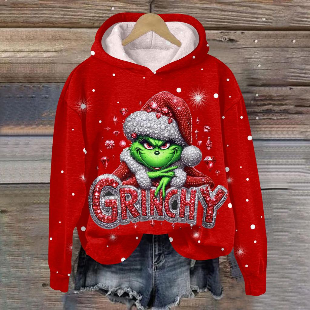 Ladies' Christmas Greentown Print Casual Long Sleeved Hooded Sweatshirt Top