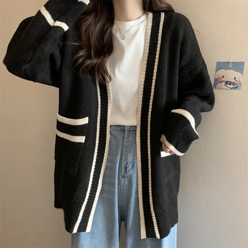 Striped Edge Knitted Cardigan Varsity Cardigan Long Sleeve V-Neck Open-Front Sweaters Knit Jacket for Women Preppy Style