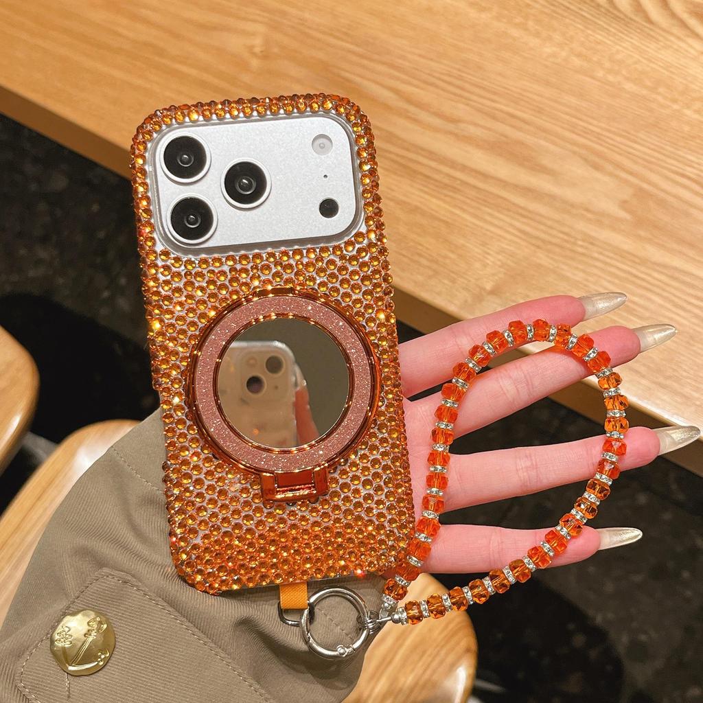 Luxury Full Diamond iPhone 13/14/15 Pro Max Mirror Stand Case with Lanyard