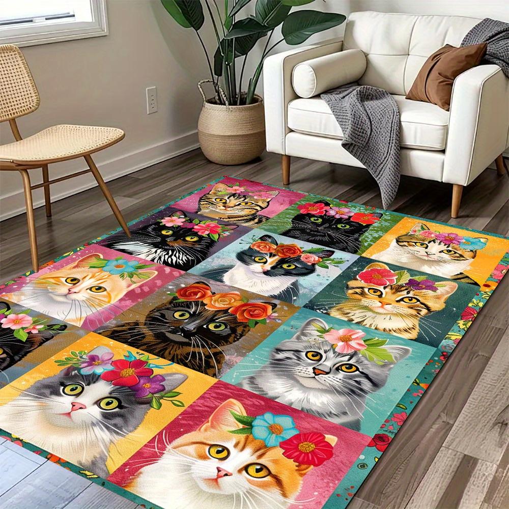 Cute Cats Wearing Flowers,Colorful Creative Puzzle Vintage Pattern Carpet,Office Chair Rug Decoration,Holiday Gift,800G/M2