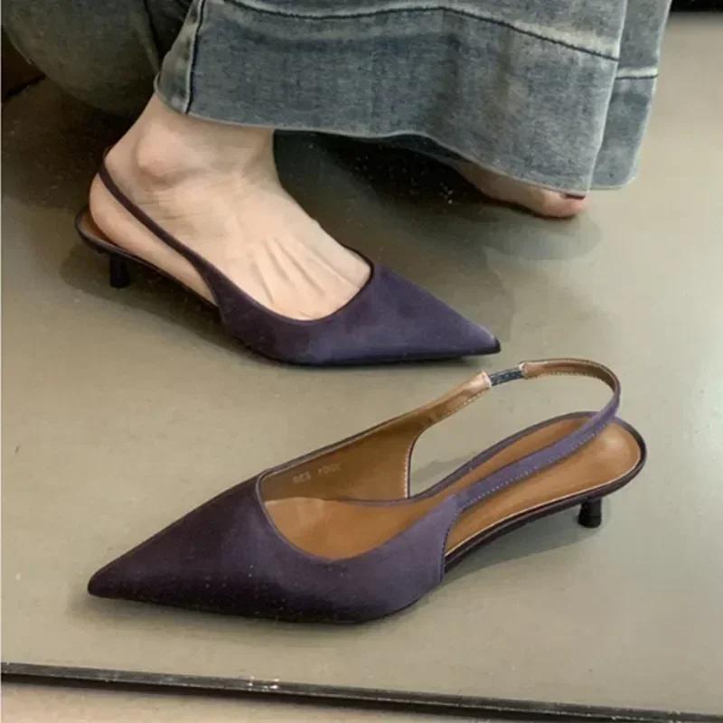 Fashion Elegant Purple Satin Low Heel Women Pumps Sexy Pointed Toe High Heels for Women Hollow Back Strap Mules Fashion Party Dress Shoe