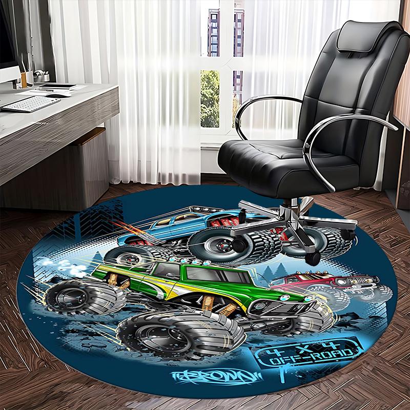 Monster Truck,Off-Road Adventure Chair Mat Round Rug-Office Carpet, Machine Washable, Non-slip, Suitable for Living Rooms, Bedrooms, Entrywa