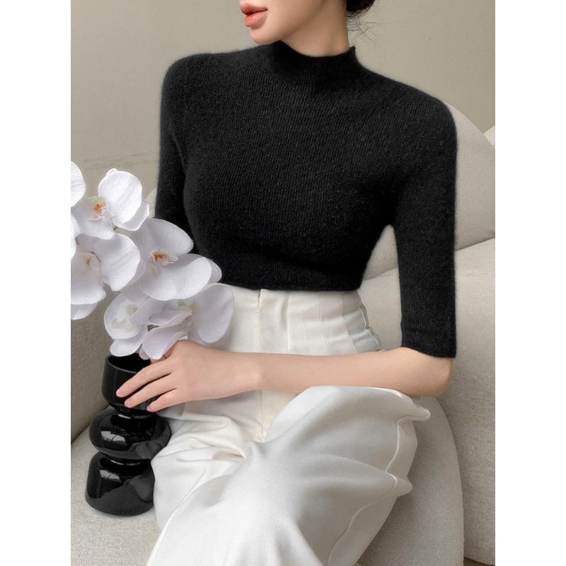 Five-quarter-sleeved Bottoming Shirt Women's Semi-turtleneck Inner Fit Slim-fitting Spring and Autumn with Coat New Knitted Sweater Top Half-sleeved