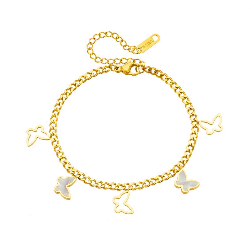 Cross-Border Trendy Bracelet: Hollow Butterfly  Star Pendants with White Shell, Thick Titanium Steel, Non-Fading Chain.