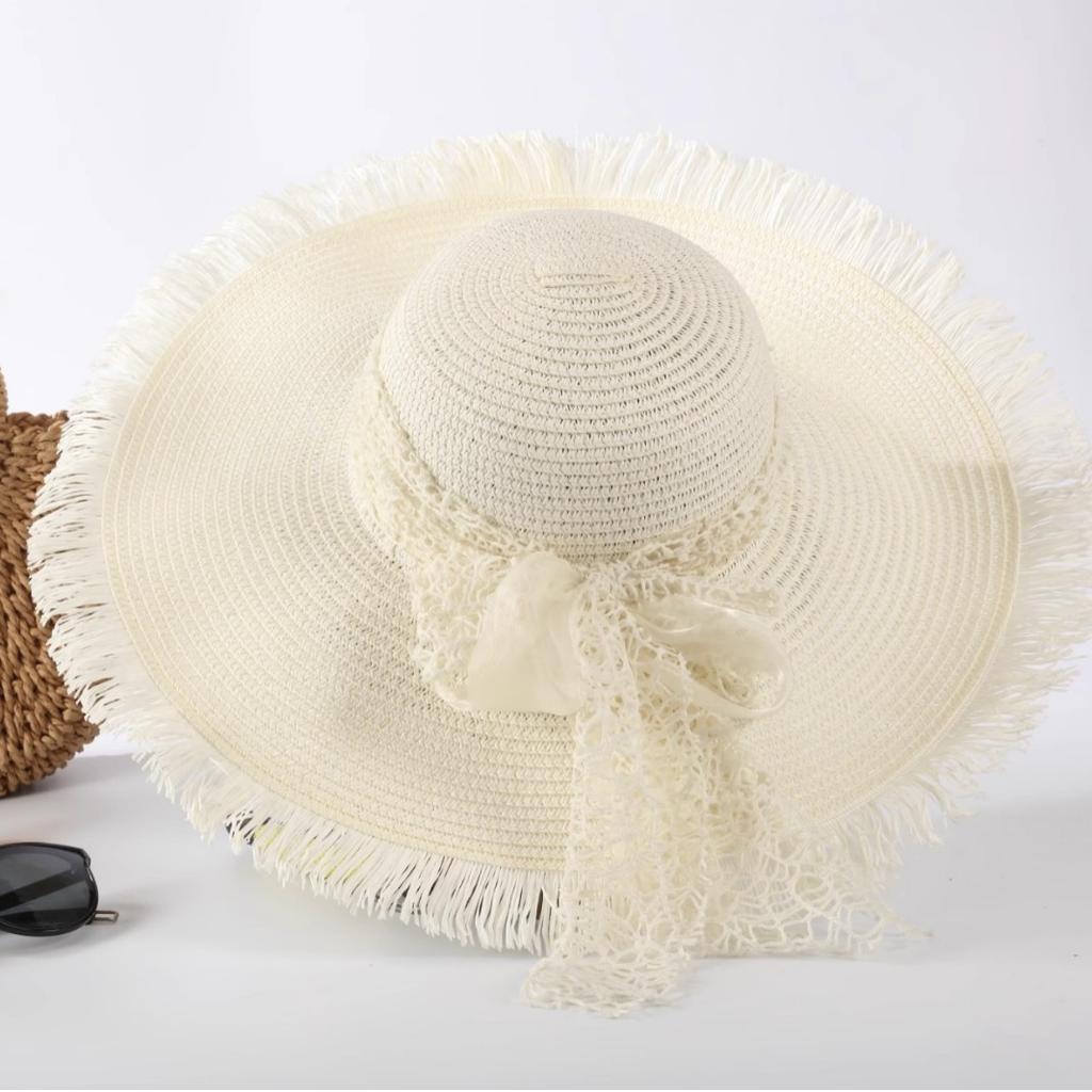 Lace Bow Straw Hat Women's Summer French Large Brim Sunscreen Hat Seaside Beach Vacation Sun Hat