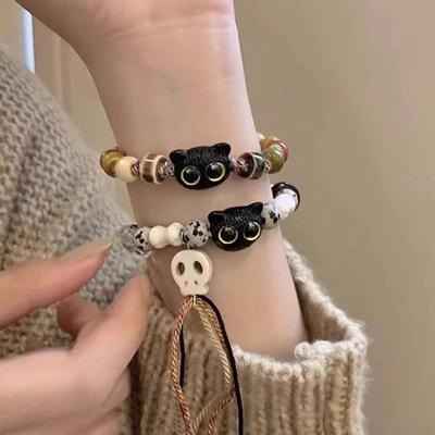 Niedliches Cartoon-Katzenarmband für Frauen und Mädchen, kreativ, bunt, verstellbar, gewebte Seilarmbänder, einzigartige Katzenperlen-Charm-Armbänder