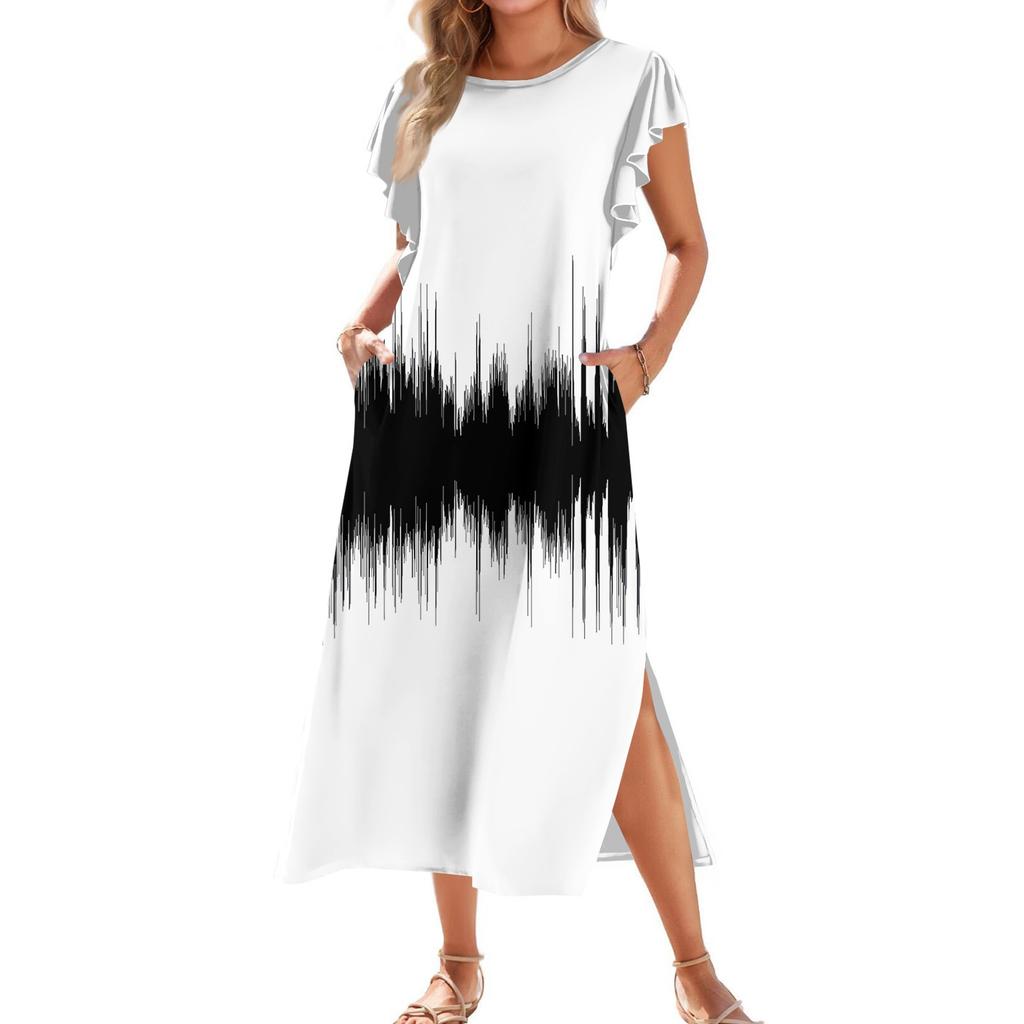 Ladies' Fashionable Summer Casual Pleated Sleeves, Loose Color Block Patchwork Printed Short-sleeved Round Tie Pocket Beach Dress