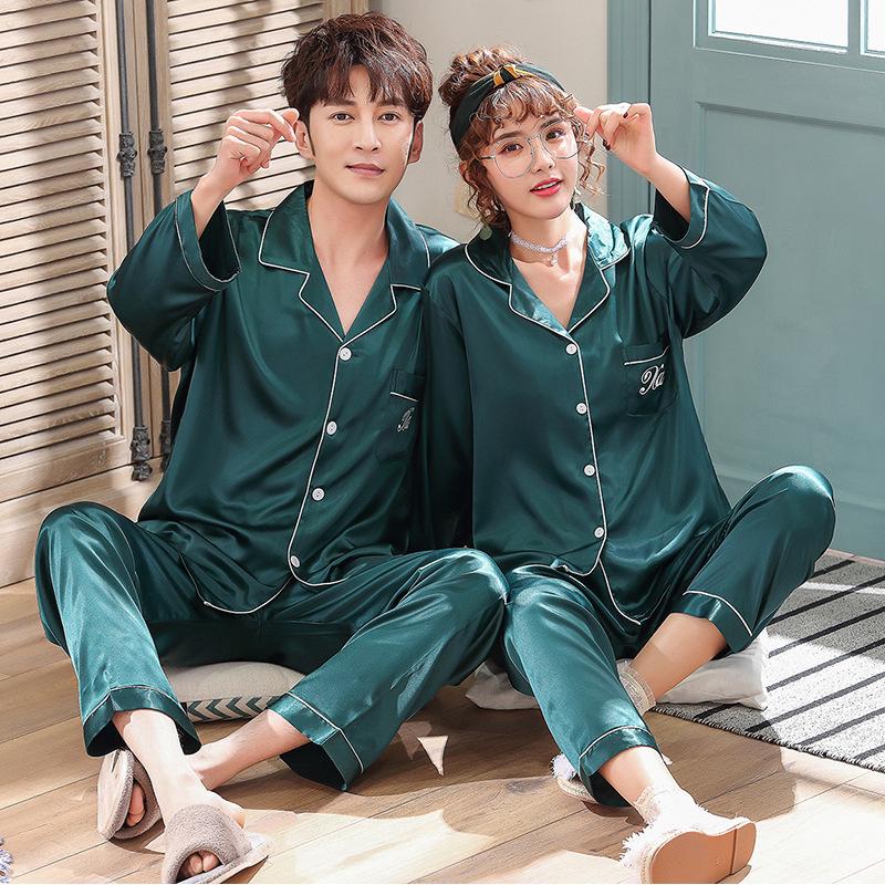 Frühlings-Seidenpyjama-Set im koreanischen Stil: Damenimitatseide & Herren Dünn Langarm Hauskleidung