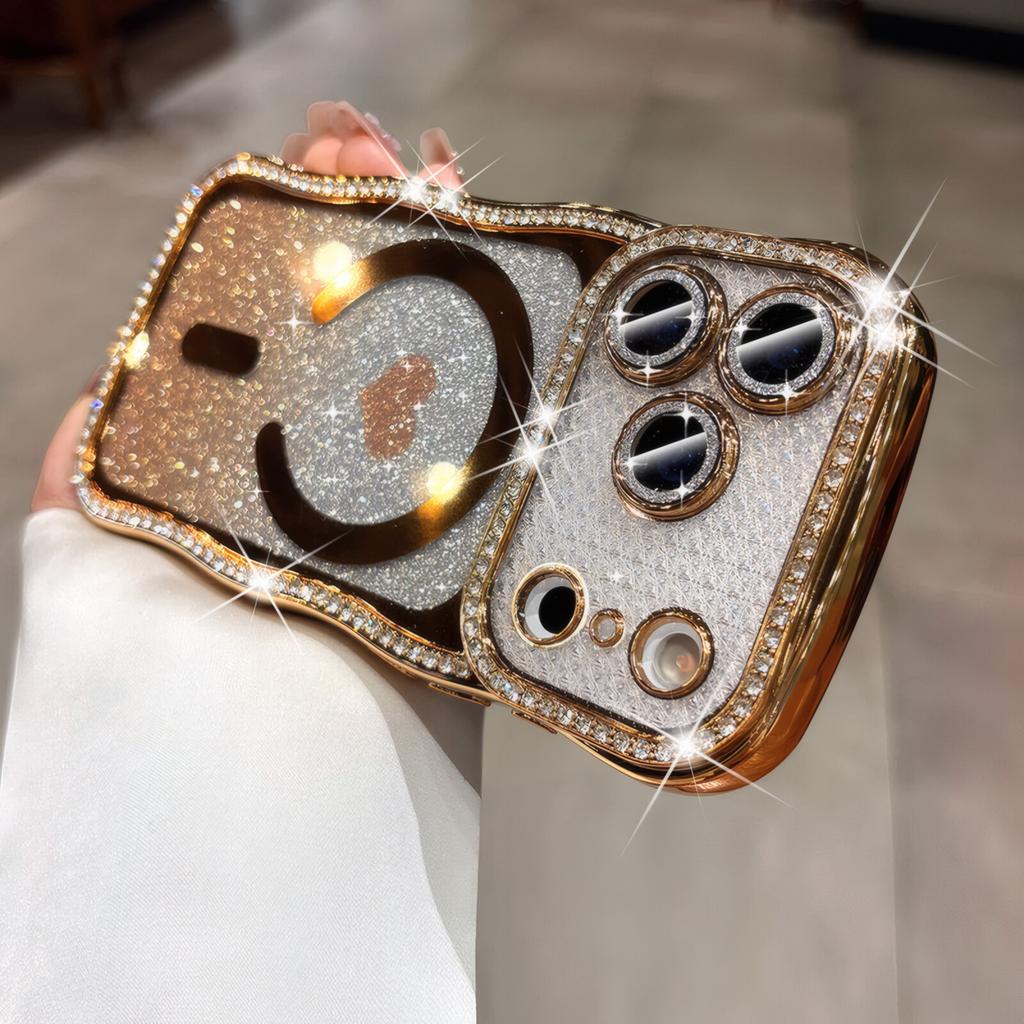 Wave edge applies to iPhone17ProMax love electroplating mobile phone case Apple 15 glitter magnetic flash drill case