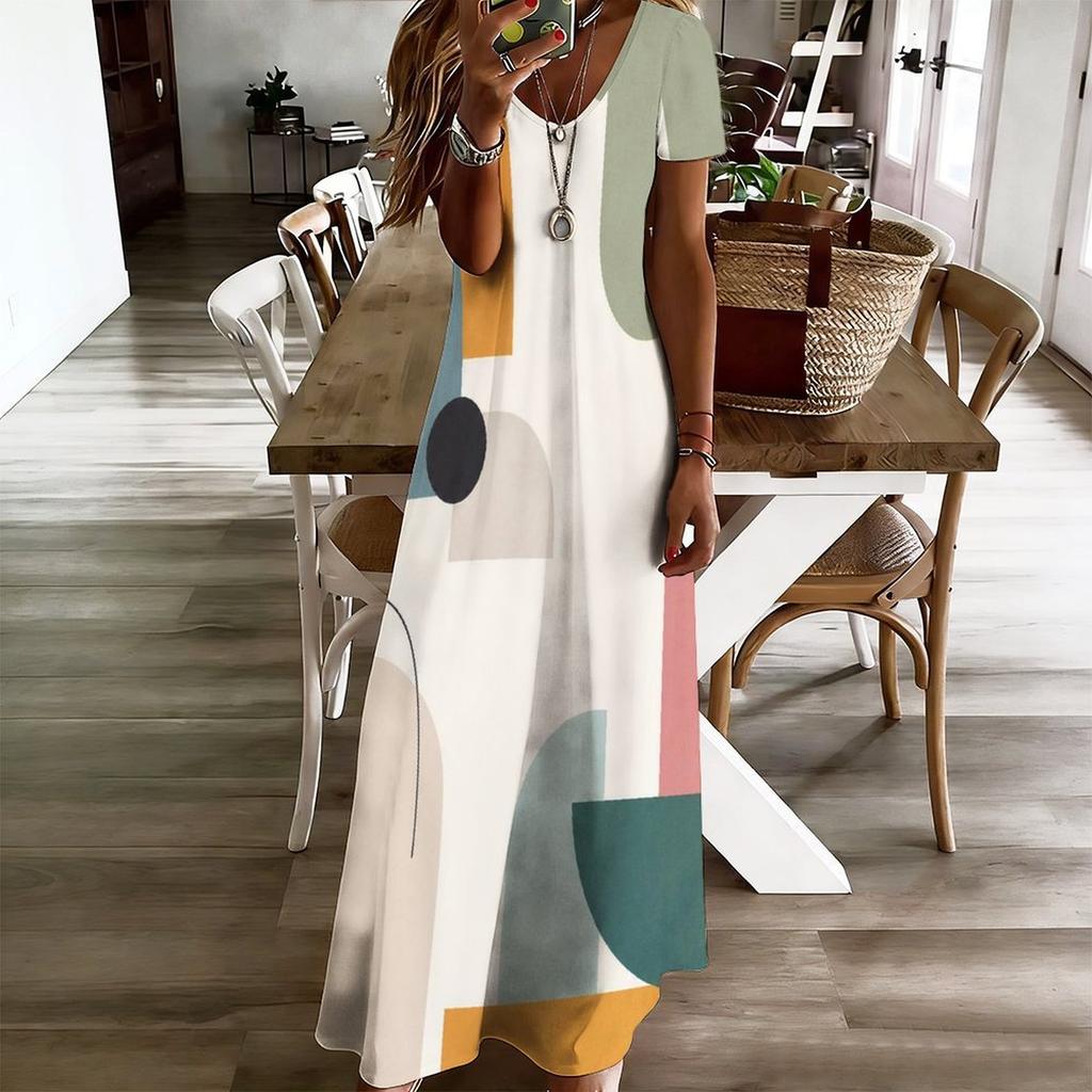 Women Plus Size V Neck Short Sleeve Geometric Printed Straight Maxi Dress
