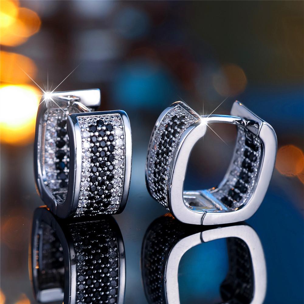 Cute Female Small White Black Round Zircon Stone Hoop Earrings Fashion Silver Color Wedding  For Women