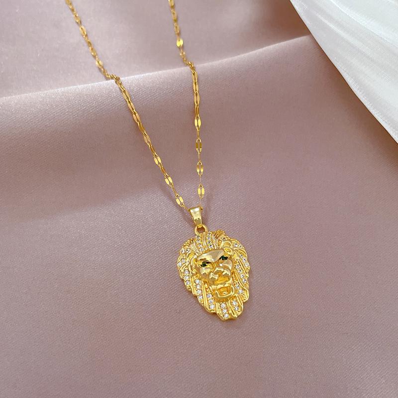 Titanium Steel Light Luxury Temperament Gorgeous Full Diamond Lion King Necklace Female Versatile Collarbone Chain Titanium Steel Chain