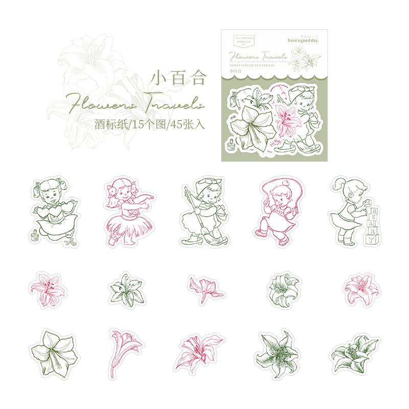 45 st Retro Handmålade Blomsterfigur Bladklistermärken Konstnärlig Akvarellstil Dagbok DIY Dekorationsmaterial