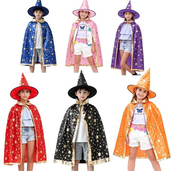Star Pattern Wizard Cape Kids Cloak with Hat for Boys Girls, Halloween Witch Theme Role Play Costume Prop Party Cosplay Outfit, Fancy