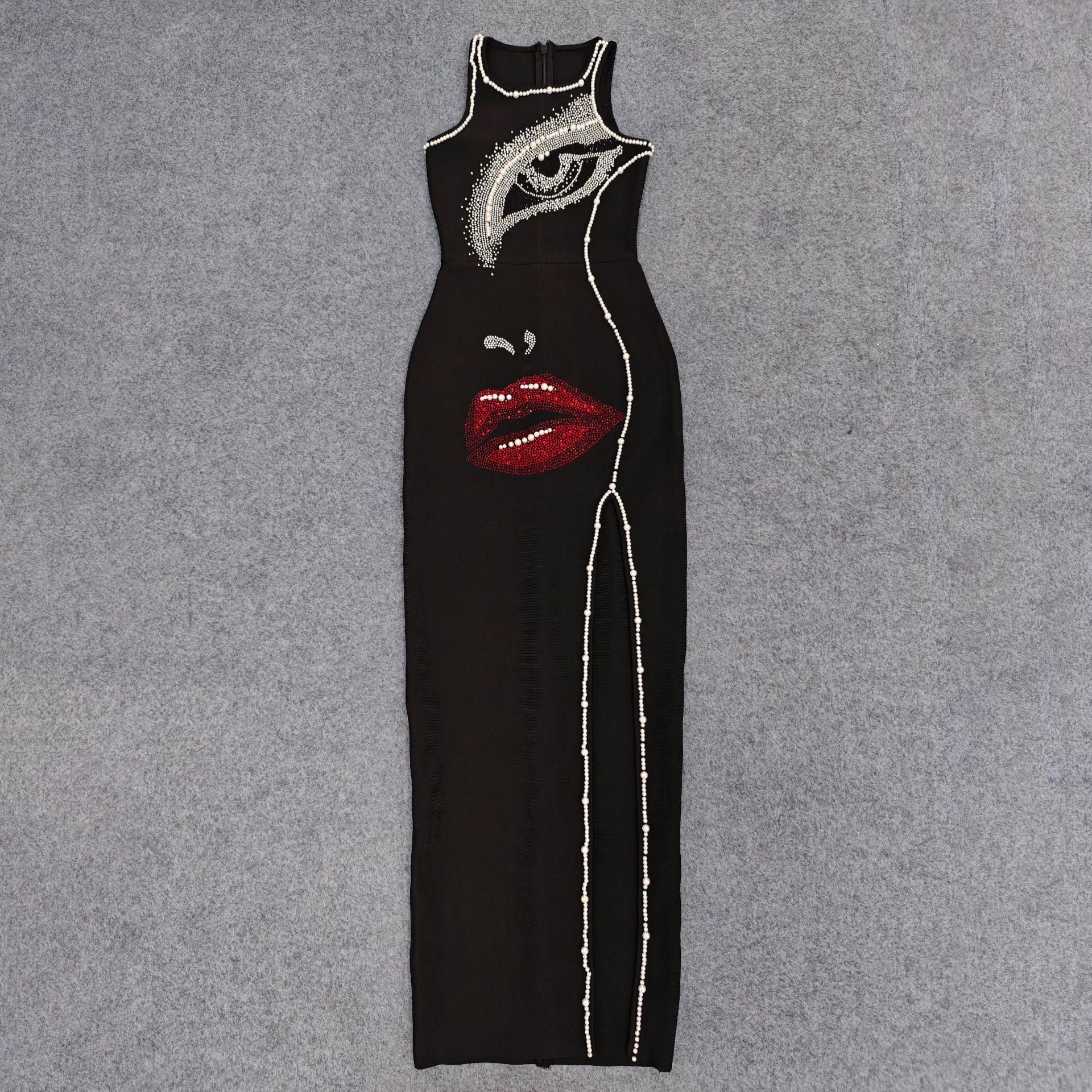 

Elegant European & American Style Women s Beaded Rhinestone Bandage Evening Gown with Slit Design L чорний