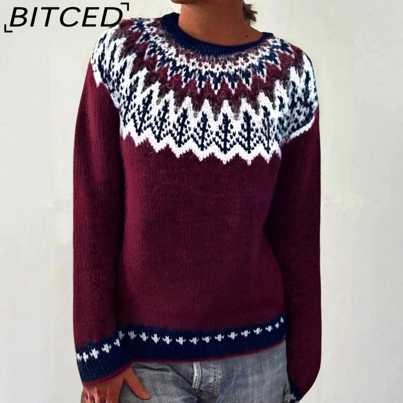 BITCED Women's Sweater - O-Neck Color-Blocked Oversized Fashion Pullover Knit
