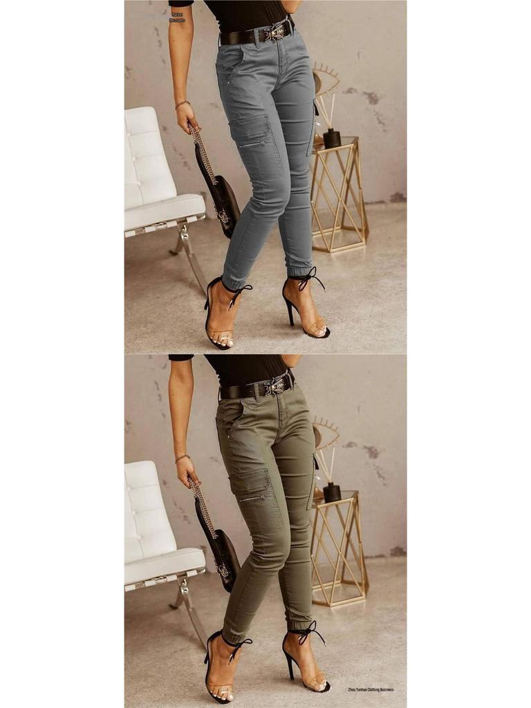 Pantaloni Jogger da Donna a Colore Unito a Vita Media con Bottone e Tasche