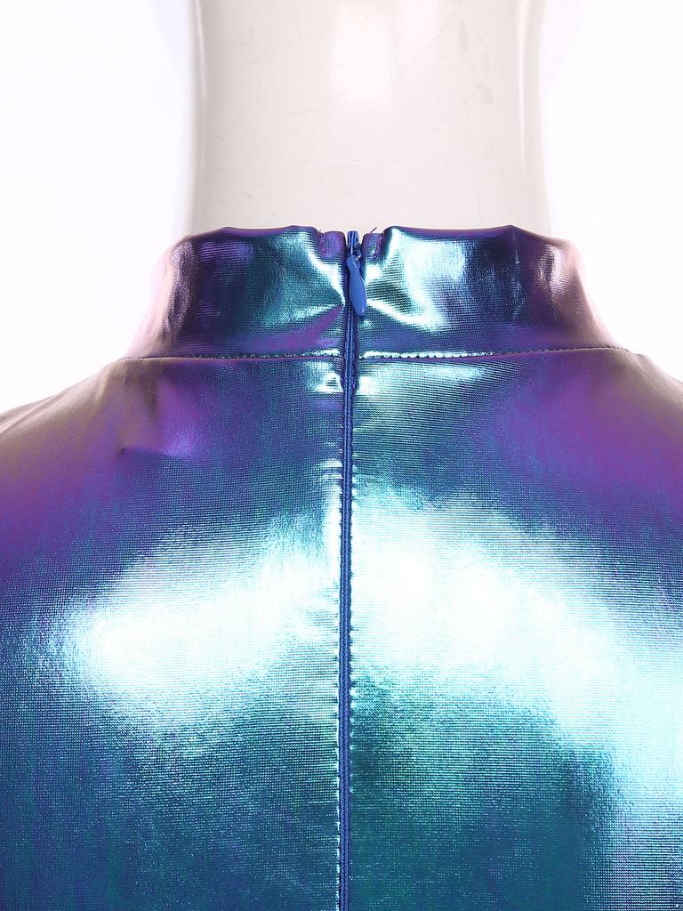 Costume da Donna a Tema Astronauta Alieni Vestito Metallico Lucido Spalline Strutturate Scollatura a Taglio Vestito da Festa a Linea ad A