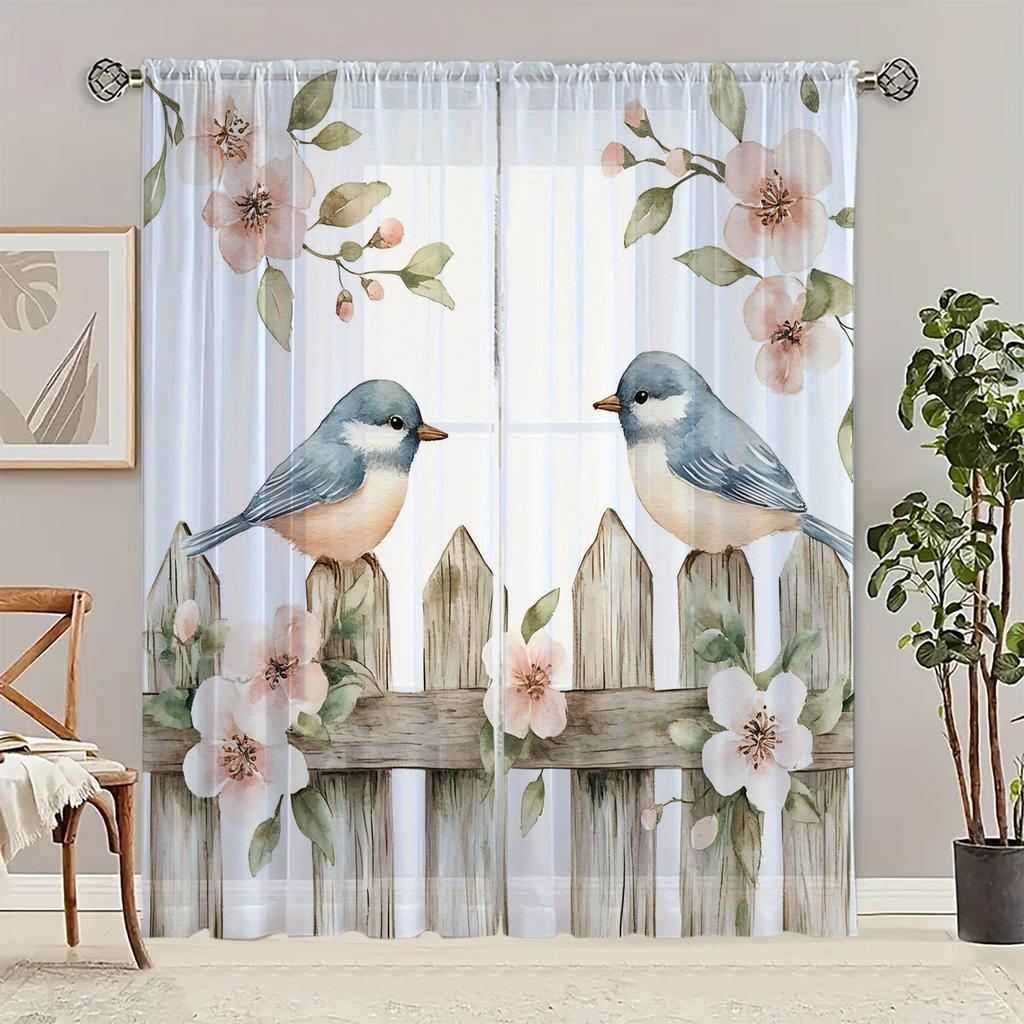 Set Of 2 Hd Digital Plant Bird Printed Window Screen Home Decor Style Decoration Living Room Bedroom Rod Curtain For Made Polyester