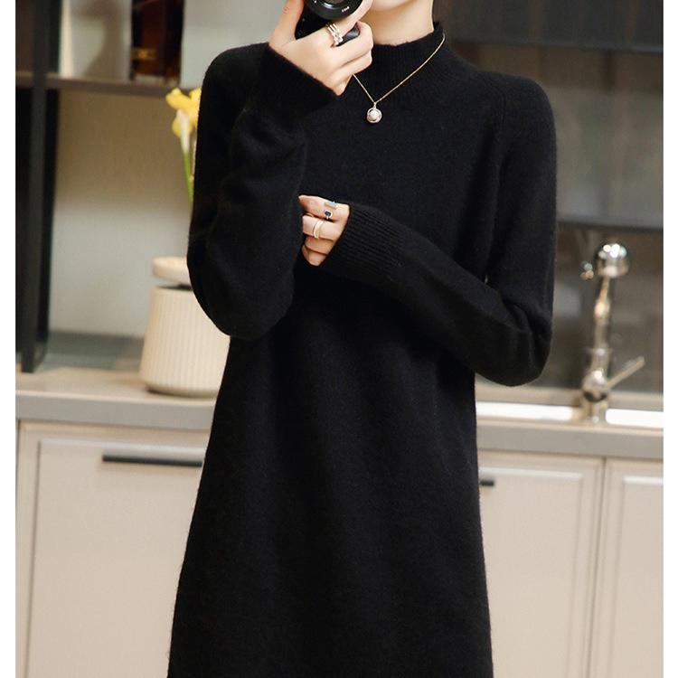 Half Turtleneck Sweater Mid-length Solid-color Knitted Dress for Women Casual Loose Pullover Autumn and Winter Top