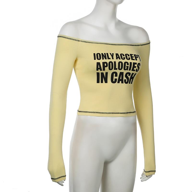 European and American autumn and winter women's sexy spicy girl one shoulder letter printed tight T-shirt top