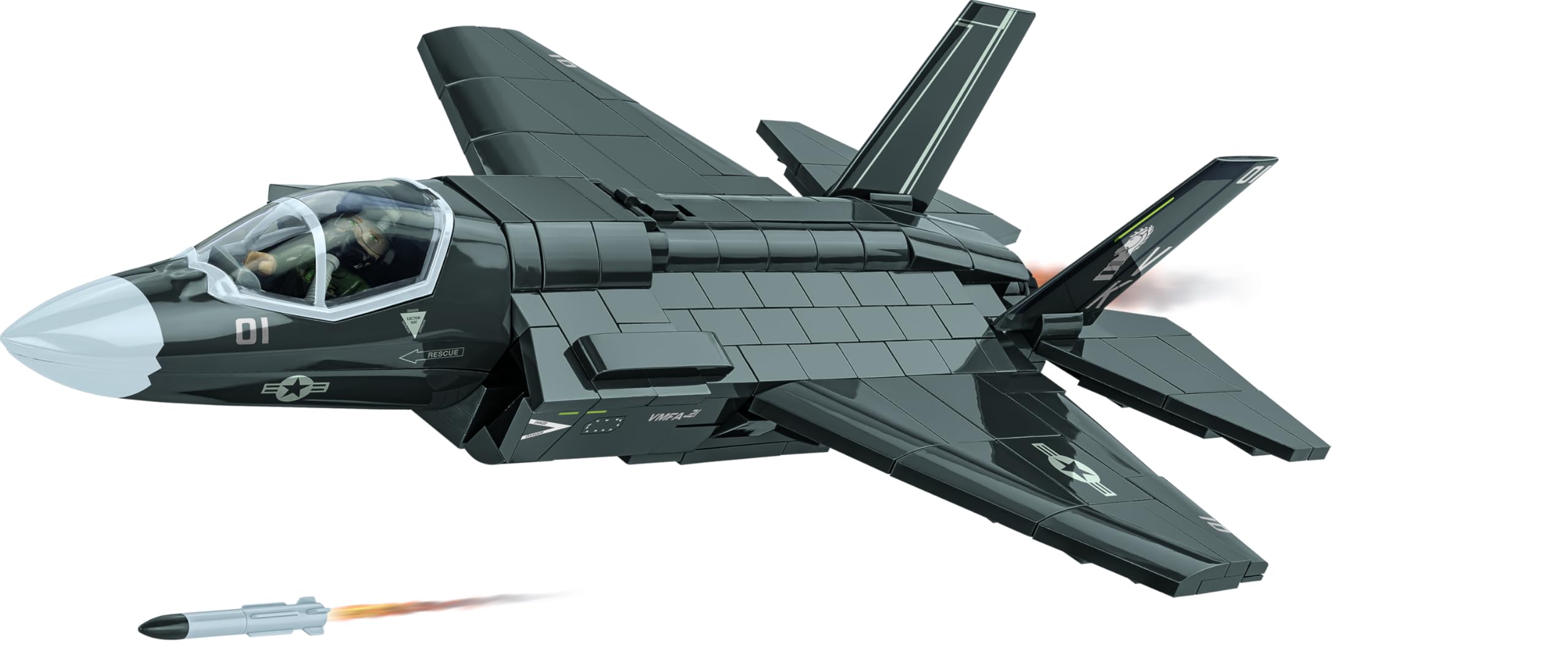 

COBI 5912 F-35B Lightning II Fighter Model Kit, Armed Forces Series, 1:48 Scale, 614 Pieces, with Minifigure, Gray