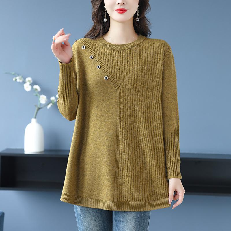 

2025 А-силуэт Вязаный свитер большого размера, скрывающий живот: Модная осенне-зимняя одежда средней длины для мам XXXL жёлтый