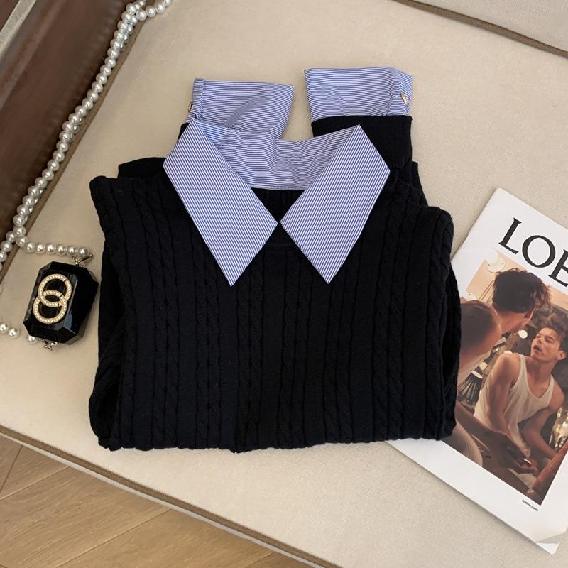 Polo knitted sweater women's spring bottoming shirt fake two-piece shirt stacked inside top tide