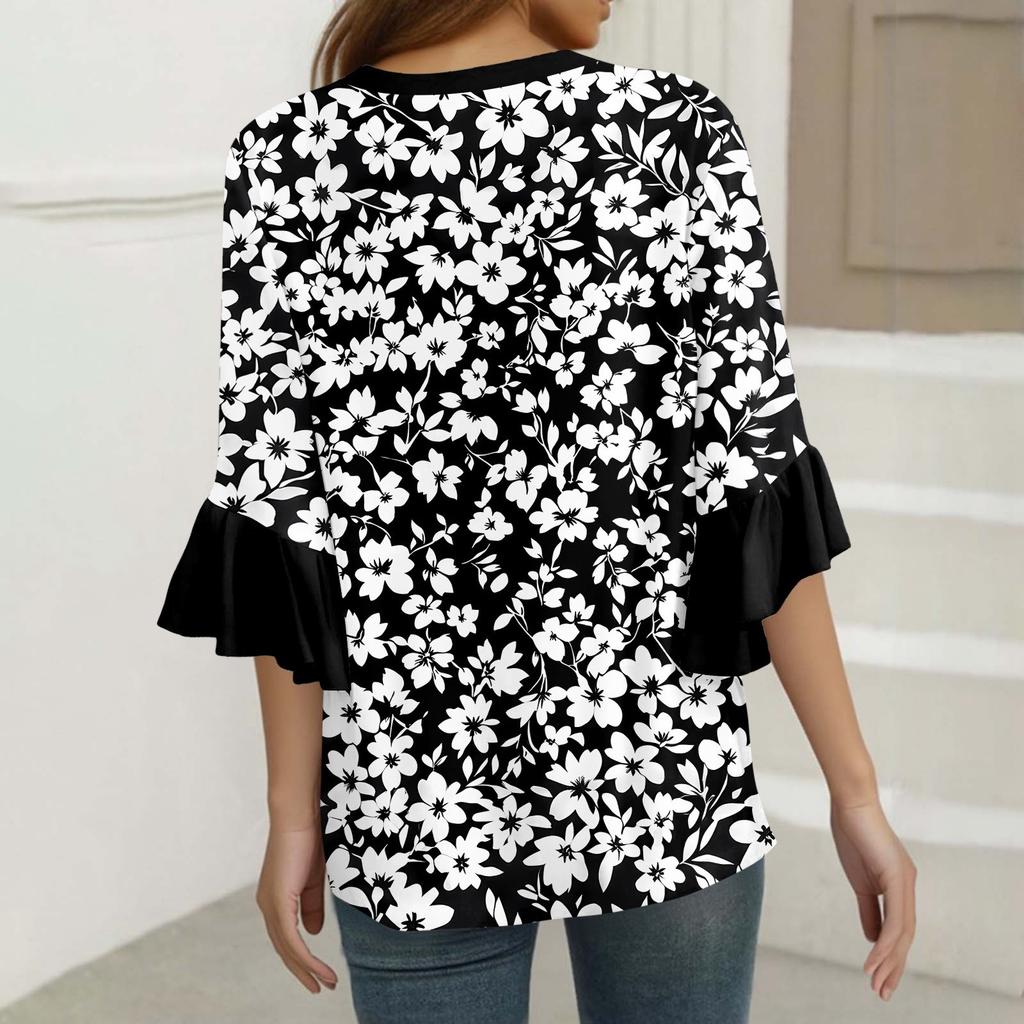Tops For Women Cute Button V Neck 3/4 Sleeve Blouses Print Top Casual Shirts