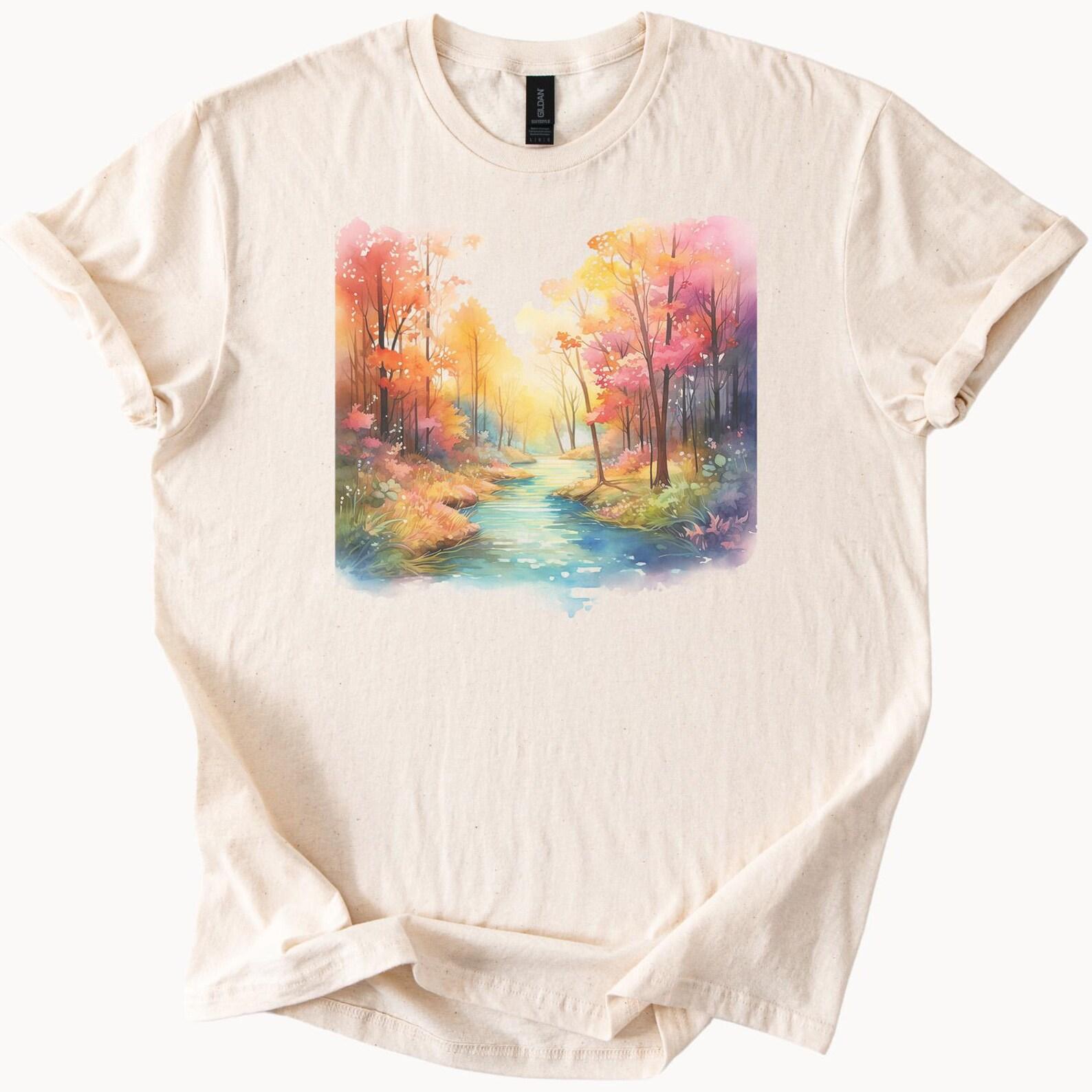 Autumn Forest Watercolor Landscape Shirt Fall Trees Creek Nature Graphic Tee Artistic Scenic River Sunrise T Shirt Gift for Nature Lovers 150