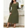 Women's casual long dress with long sleeves V-neck solid color wood earrings plus size dress