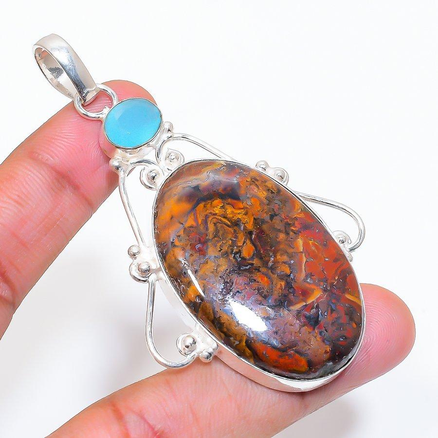 Natural Seam Agate, Chalcedony 925 Sterling Silver Jewelry Pendant 2.84" ZS-275