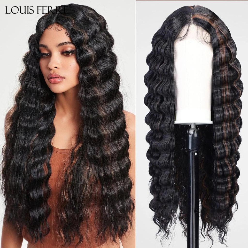 LOUIS FERRE Long Deep Wave Wig Brown Highlight Crimps Curl Synthetic Hair Wigs Lace Front Wig for Women with Babyhair for Daily