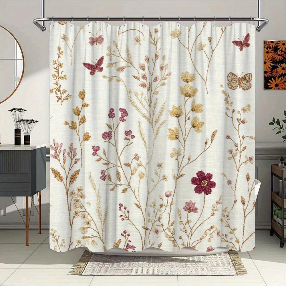 

1pc Vintage Botanical Shower Curtain - Golden, Pink & Maroon Flowers, Butterfly & Bee Detail, Cream Polyester W90XH180cm